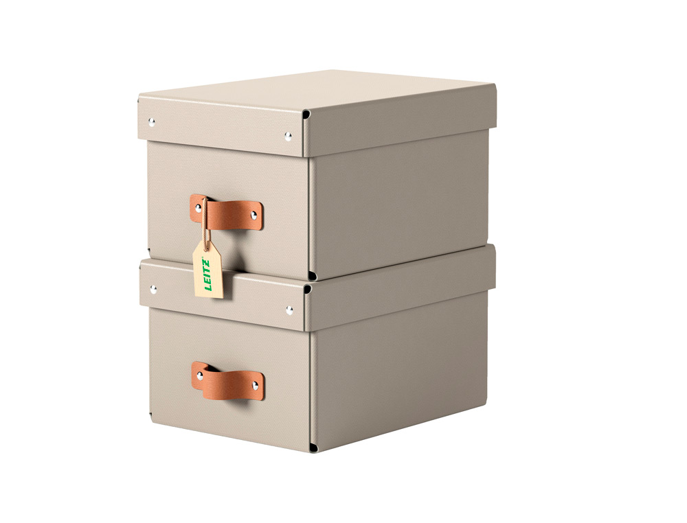 CAJA DE ALMACENAJE LEITZ CARTON PEQUEA CON ASA DE PIEL COLOR BEIGE PACK DE 2 UNIDADES