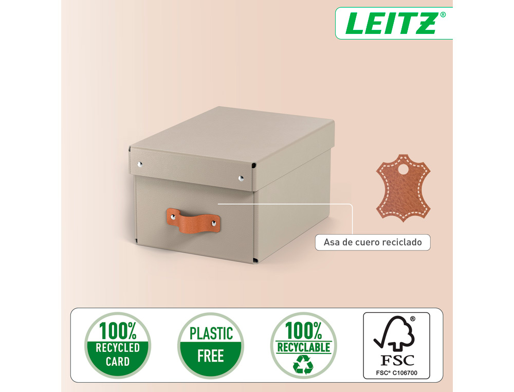 CAJA DE ALMACENAJE LEITZ CARTON PEQUEA CON ASA DE PIEL COLOR BEIGE PACK DE 2 UNIDADES