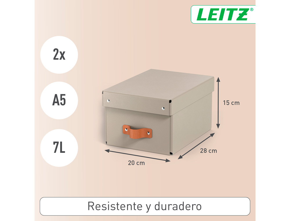 CAJA DE ALMACENAJE LEITZ CARTON PEQUEA CON ASA DE PIEL COLOR BEIGE PACK DE 2 UNIDADES