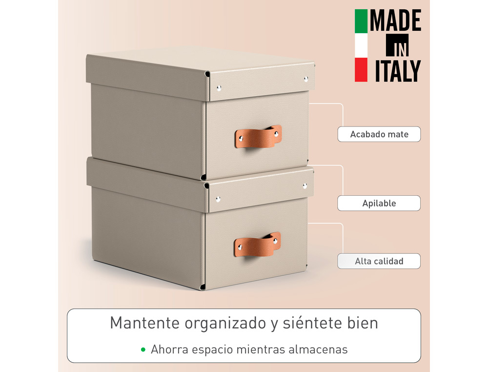 CAJA DE ALMACENAJE LEITZ CARTON PEQUEA CON ASA DE PIEL COLOR BEIGE PACK DE 2 UNIDADES
