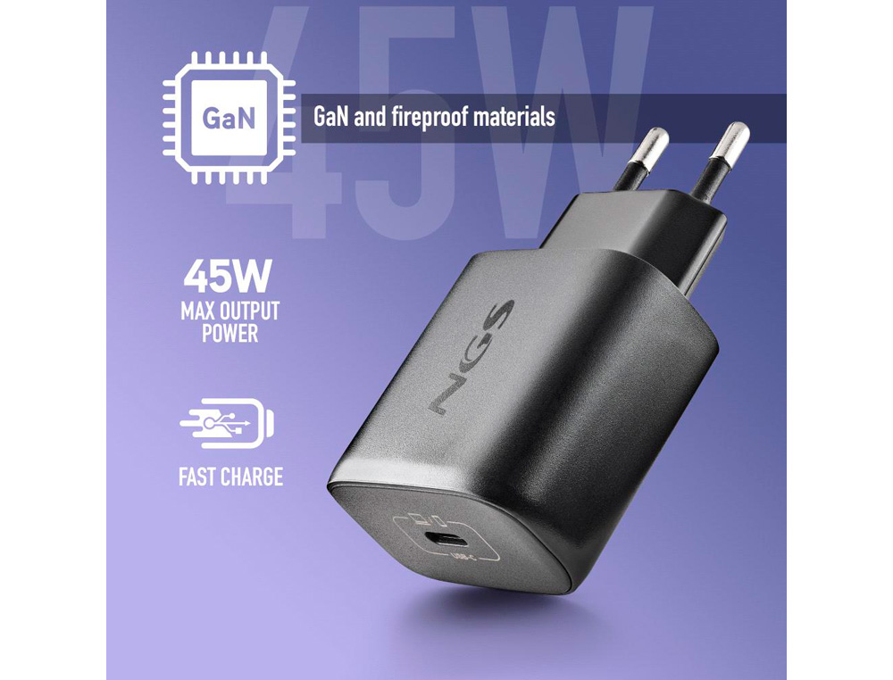 CARGADOR NGS DE PARED GAN ULTRARAPIDO PARA PORTATIL DE 45W CON SALIDA TIPO USB-C Y CABLE USB-C A USB-C LONGITUD