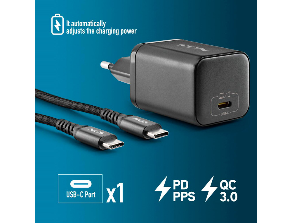 CARGADOR NGS DE PARED GAN ULTRARAPIDO PARA PORTATIL DE 65W CON SALIDA TIPO USB-C Y CABLE USB-C A USB-C LONGITUD