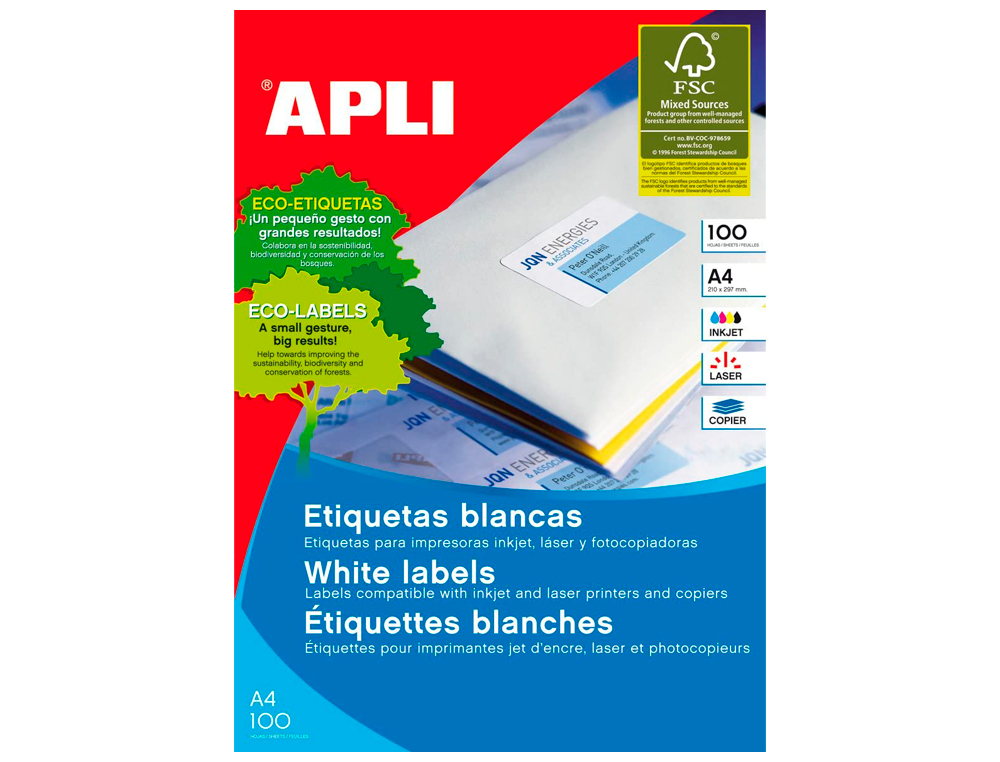 ETIQUETA ADHESIVA APLI 1264 TAMAO 210X148 MM -FOTOCOPIADORA LASER INK-JET -CAJA CON 100 HOJAS DIN A4