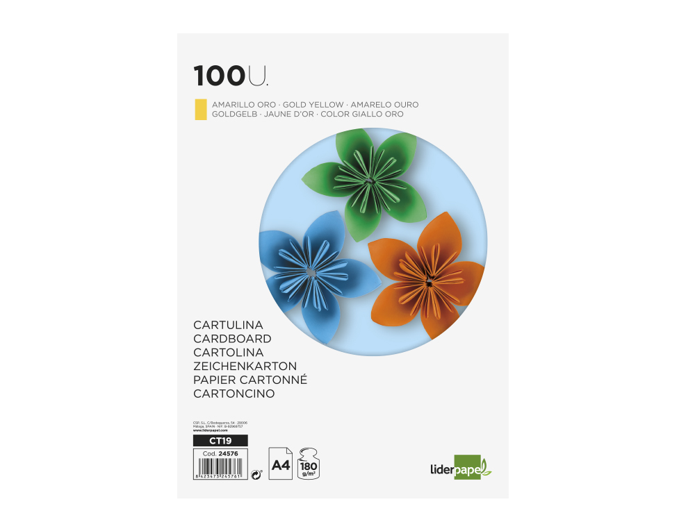 CARTULINA LIDERPAPEL A4 180G/M2 ORO PAQUETE DE 100 HOJAS