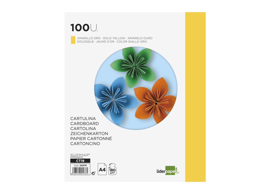 CARTULINA LIDERPAPEL A4 180G/M2 ORO PAQUETE DE 100 HOJAS