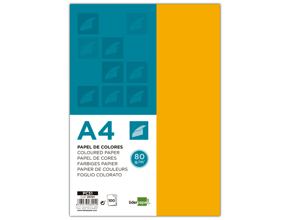 PAPEL COLOR LIDERPAPEL A4 80GR NARANJA PAQUETE DE 100 HOJAS