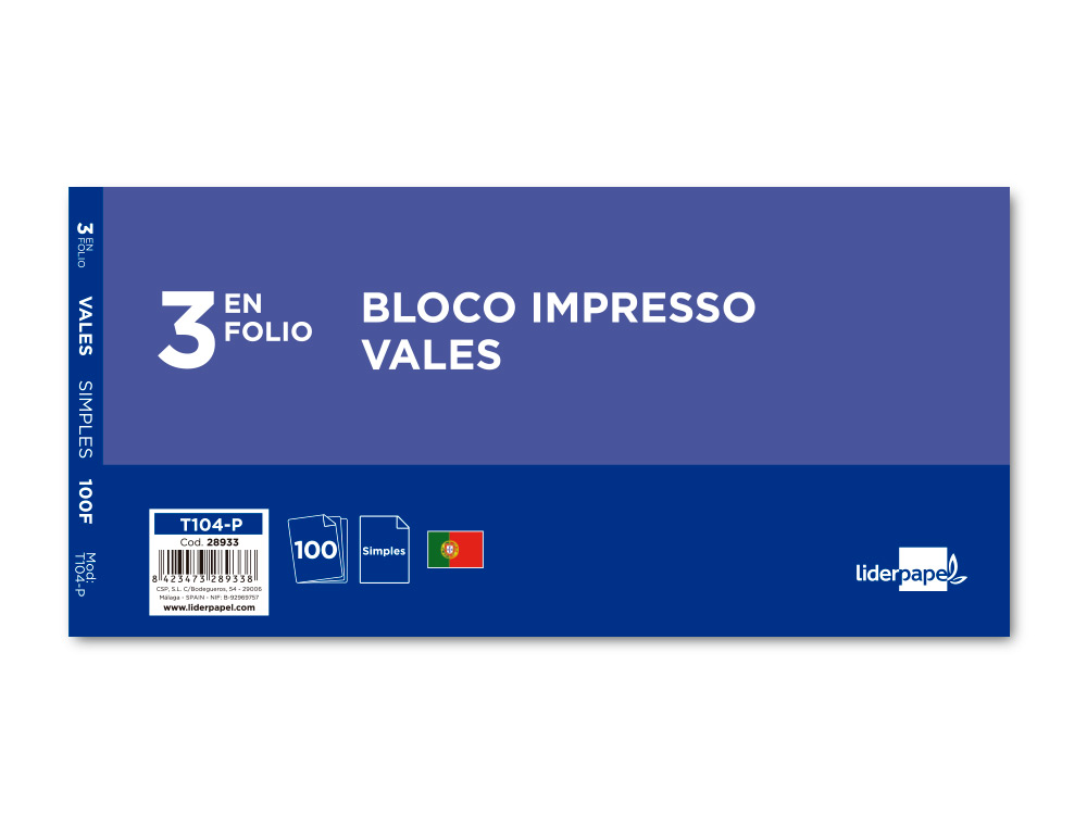 TALONARIO LIDERPAPEL VALES TRES EN FOLIO 104 TEXTO EN PORTUGUES