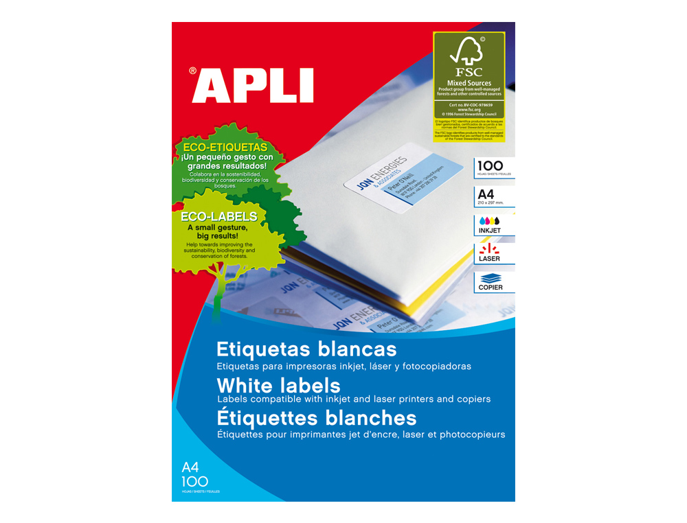 ETIQUETA ADHESIVA APLI 1276 TAMAO 70X42,4 MM PARA FOTOCOPIADORA LASER INK-JET CAJA CON 100 HOJAS DIN A4