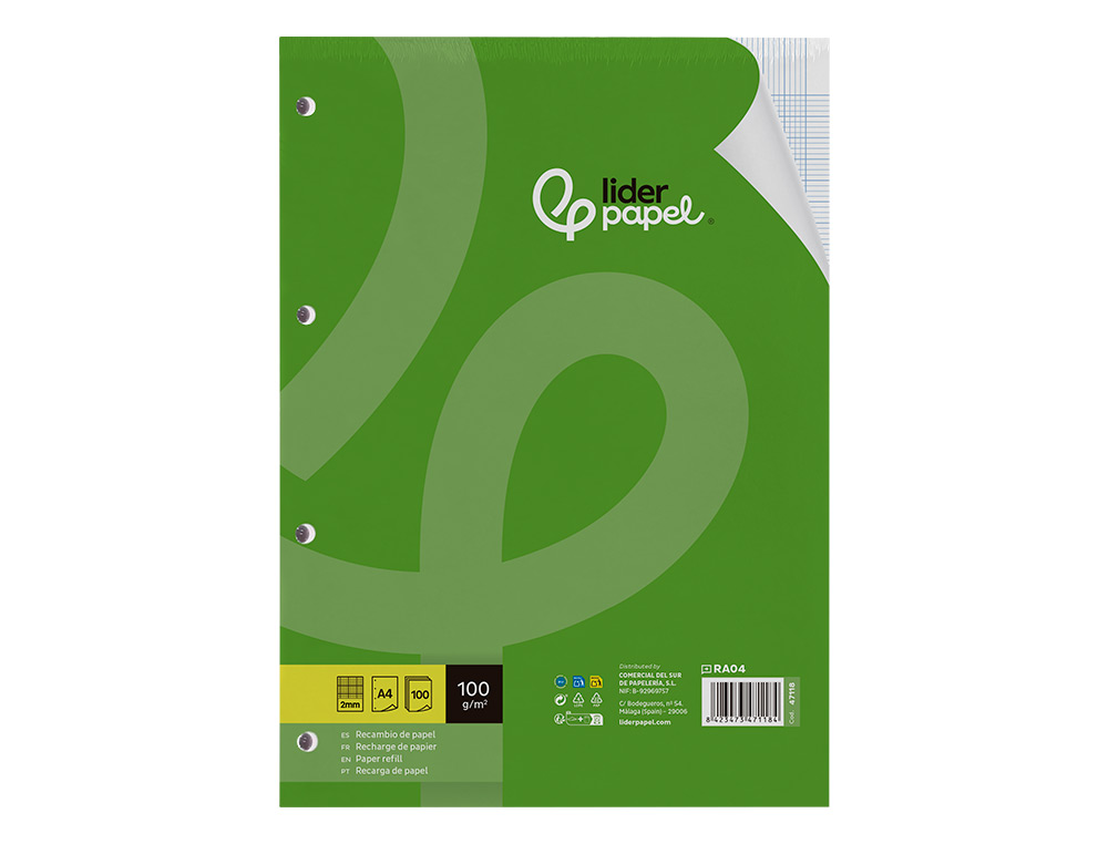 RECAMBIO LIDERPAPEL A4 100 HOJAS 100G/M2 CUADRO 2MM CON MARGEN 4 TALADROS