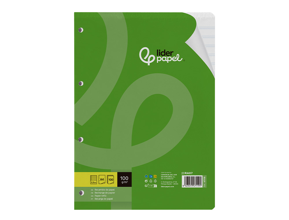 RECAMBIO LIDERPAPEL A4 100 HOJAS 100G/M2 PAUTA 5 2.5MM CON MARGEN 4 TALADROS