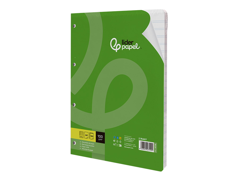 RECAMBIO LIDERPAPEL A4 100 HOJAS 100G/M2 PAUTA 5 2.5MM CON MARGEN 4 TALADROS