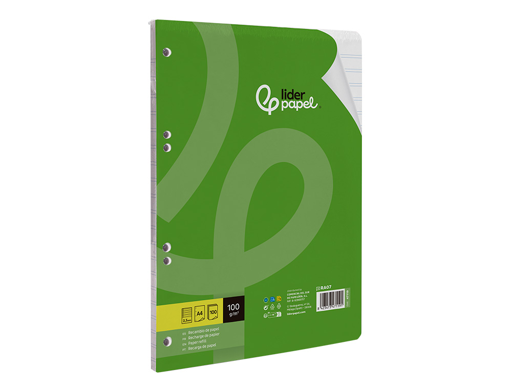 RECAMBIO LIDERPAPEL A4 100 HOJAS 100G/M2 PAUTA 5 2.5MM CON MARGEN 4 TALADROS