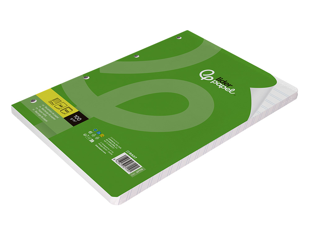 RECAMBIO LIDERPAPEL A4 100 HOJAS 100G/M2 PAUTA 5 2.5MM CON MARGEN 4 TALADROS