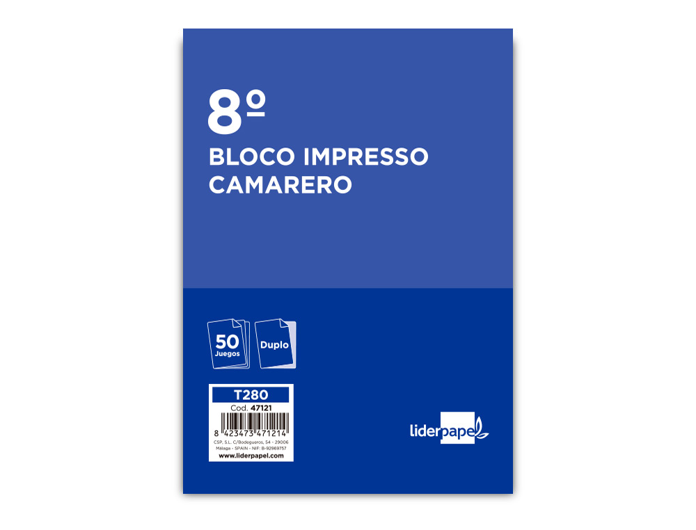 TALONARIO LIDERPAPEL CAMARERO 8º ORIGINAL Y COPIA T280
