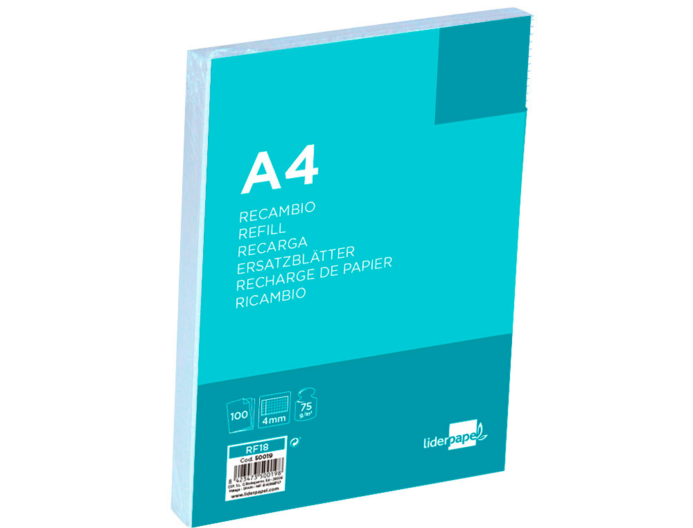 RECAMBIO LIDERPAPEL A4 100 HOJAS 75G/M2 CUADRO 4MM CON MARGEN 4 TALADROS
