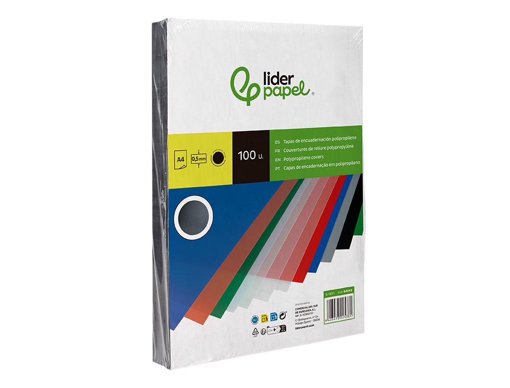 TAPA ENCUADERNACION LIDERPAPEL POLIPROPILENO A4 0.5MM NEGRO OPACO PAQUETE DE 100 UNIDADES