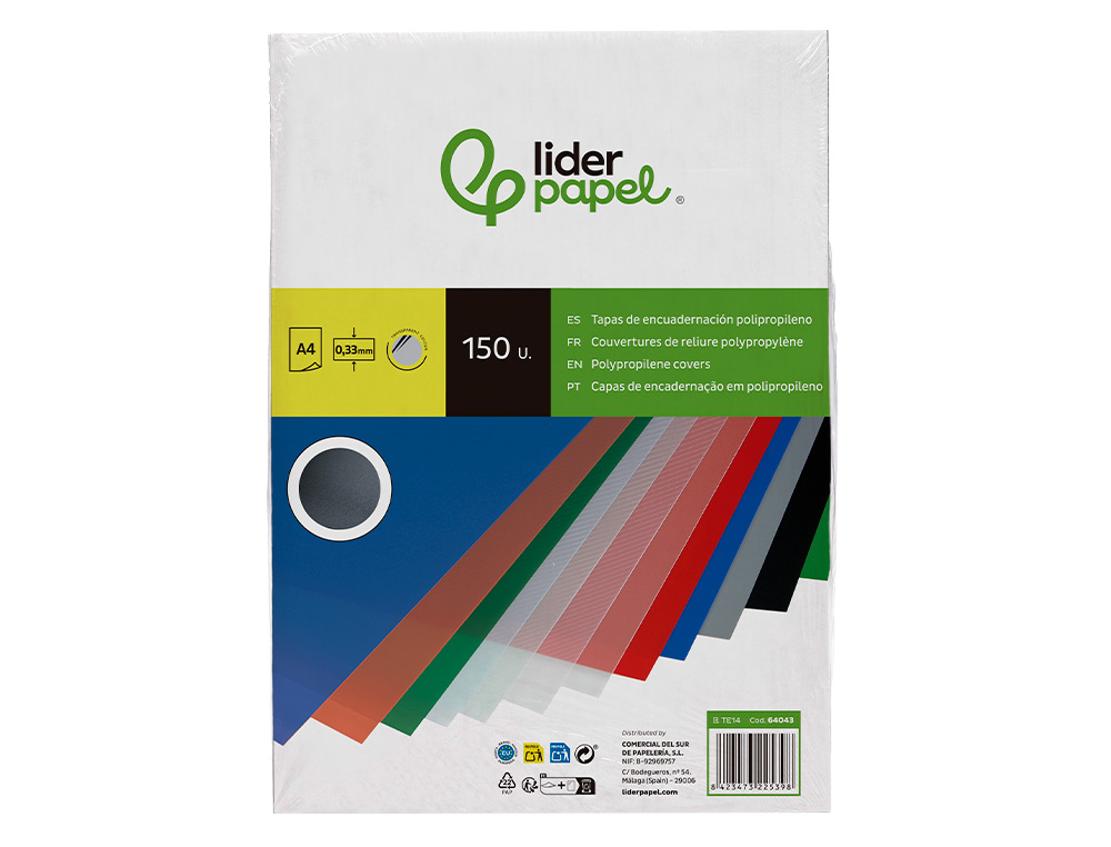 TAPA ENCUADERNACION LIDERPAPEL POLIPROPILENO A4 0.33MM TRANSLUCIDA PAQUETE DE 150 UNIDADES