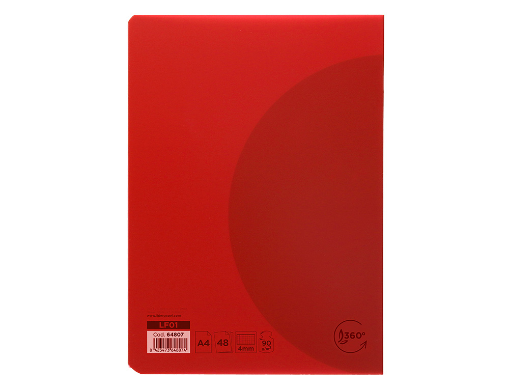 LIBRETA LIDERPAPEL 360 TAPA DE PLASTICO A4 48 HOJAS 90GR CUADRO 4MM CON MARGEN COLORES SURTIDOS