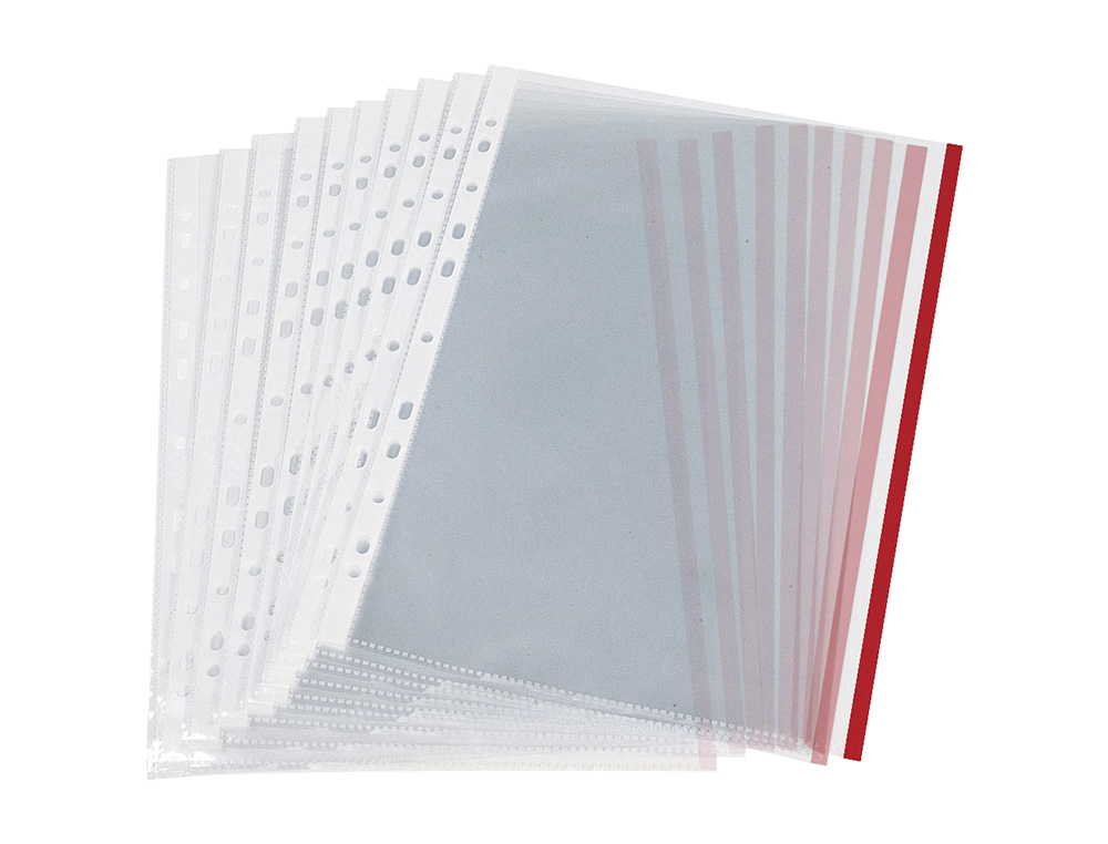 FUNDA MULTITALADRO Q-CONNECT DIN A4 70 MC PP CRISTAL CON BORDE ROJO BOLSA DE 10 UNIDADES