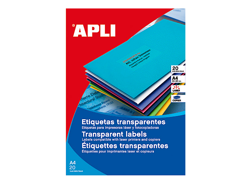 ETIQUETA ADHESIVA APLI 1224 TRANSPARENTES TAMAO 70X37 MM PARA FOTOCOPIADORA LASER CAJA 20 HOJAS CON 480 ETIQUETAS