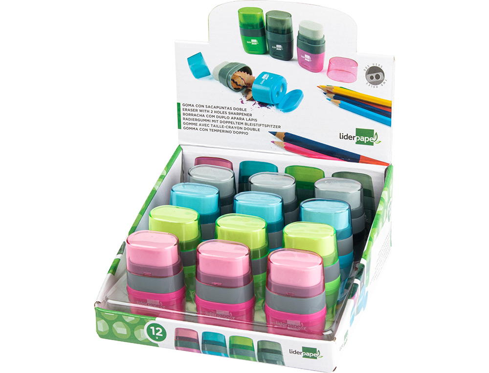 SACAPUNTAS LIDERPAPEL PLASTICO 2 USOS CON GOMA