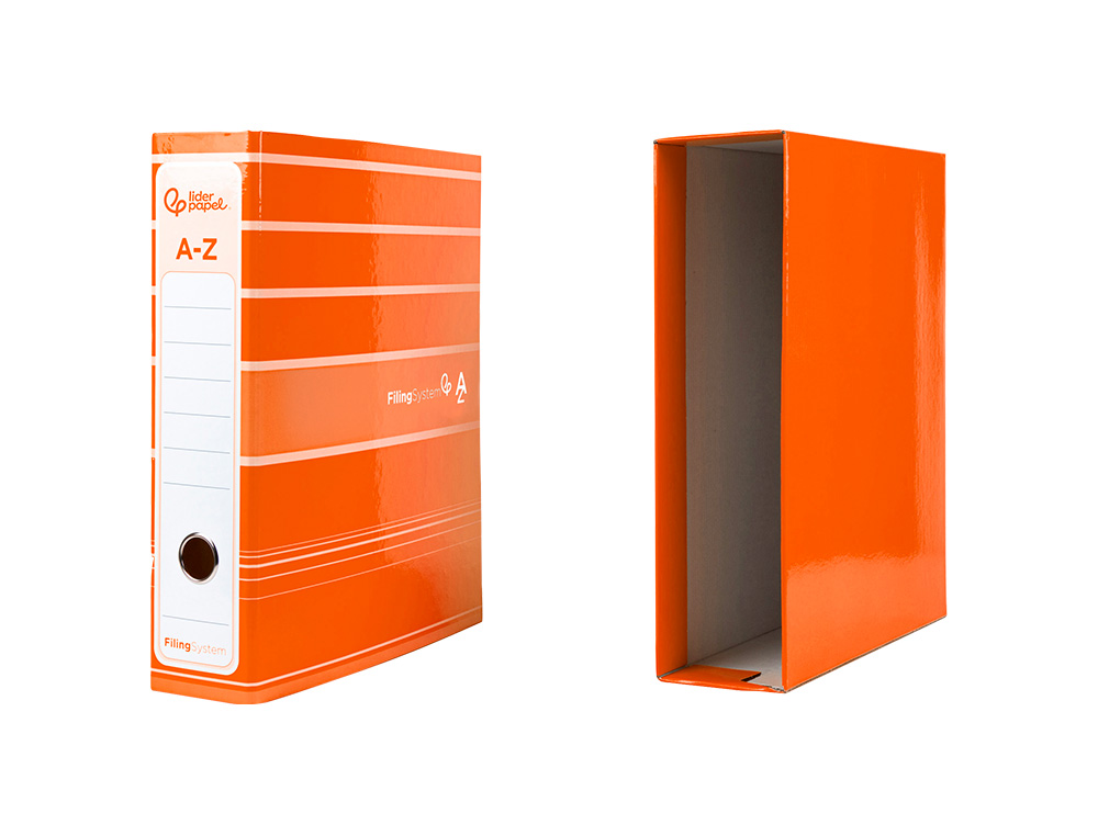 ARCHIVADOR DE PALANCA LIDERPAP EL A4 FILING SYSTEM FORRADO SIN RADO LOMO 80MM NARANJA CON CAJA Y COMPRESOR METALICO