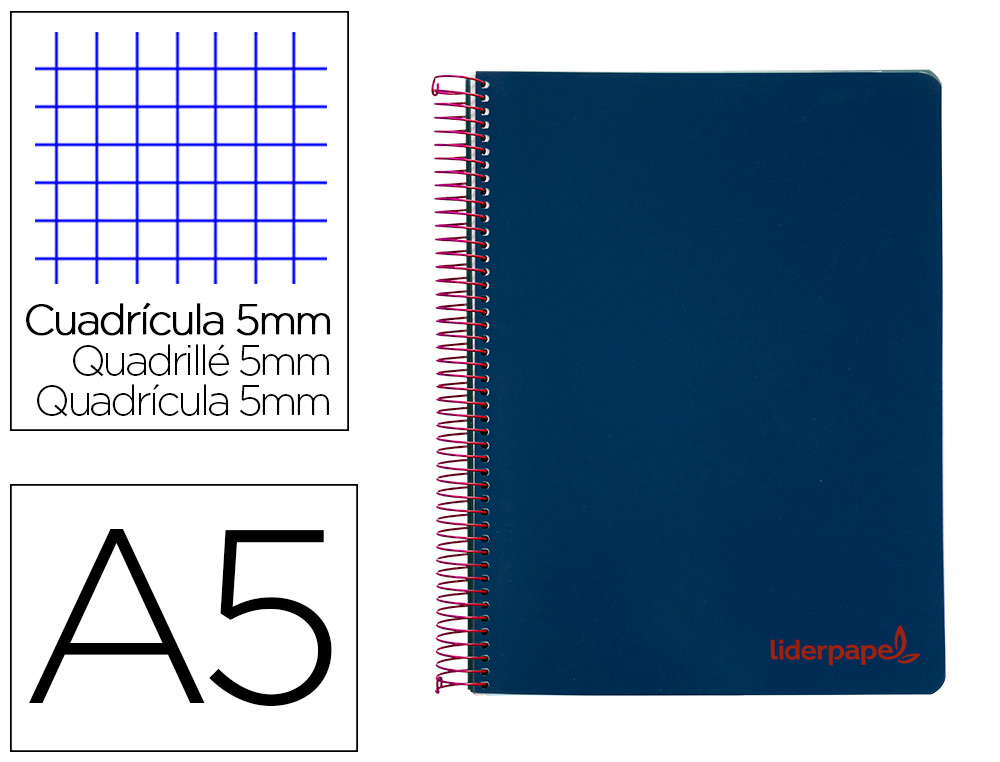 CUADERNO ESPIRAL LIDERPAPEL A5 MICRO WONDER TAPA PLASTICO 120H 90G CUADRO 5MM 5 BANDAS 6 TALADROS COLOR AZUL MARINO