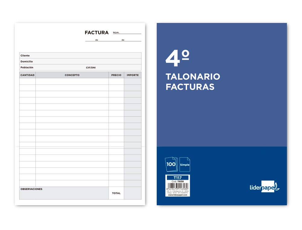 TALONARIO LIDERPAPEL FACTURAS CUARTO ORIGINAL T117 SIN I.V.A