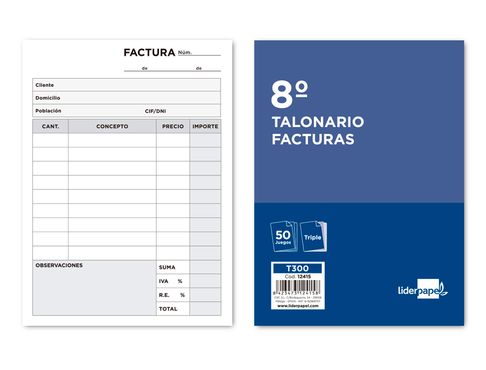 TALONARIO LIDERPAPEL FACTURAS 8 ORIGINAL Y 2 COPIAS T300 CON I.V.A.