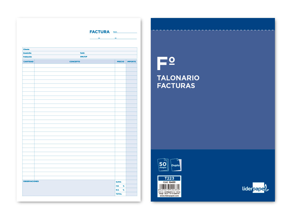 TALONARIO LIDERPAPEL FACTURAS FOLIO ORIGINAL Y COPIA T223 CON I.V.A.