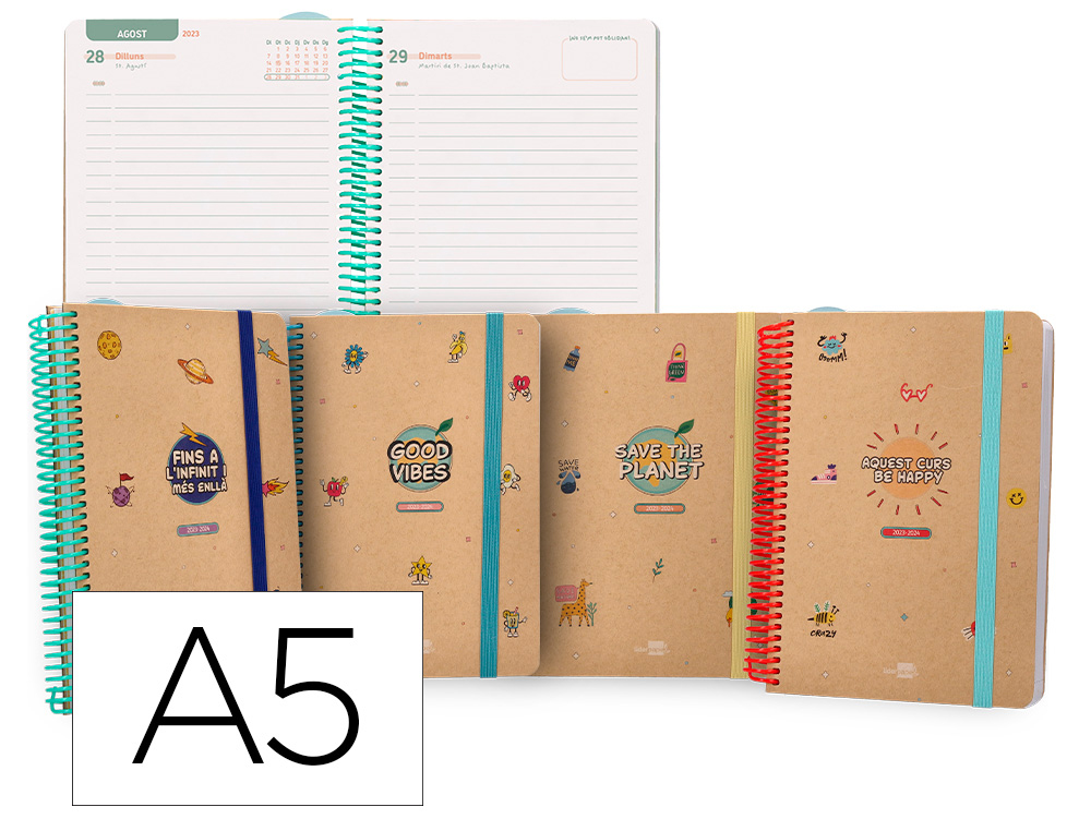 AGENDA ESCOLAR LIDERPAPEL CURSO 23-24 CLASSIC DIN A5 EN CATALAN DIA PAGINA ESPIRAL CIERRE CON GOMA