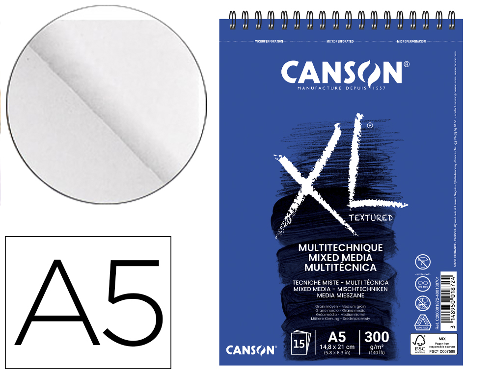 BLOC DIBUJO ACUARELA CANSON XL MIX MEDIA GRANO MEDIO DIN A5 15 HOJAS 300 GR/M2