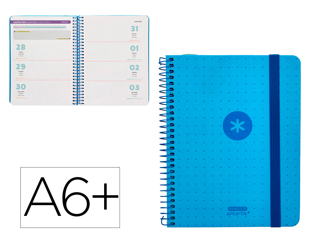 AGENDA ESCOLAR ANTARTIK CURSO 23-24 SEMANA VISTA A6+ PAPEL 100GR 156 PAGINAS SOBRE MARCAPAGINAS Y PEGATINAS AZUL