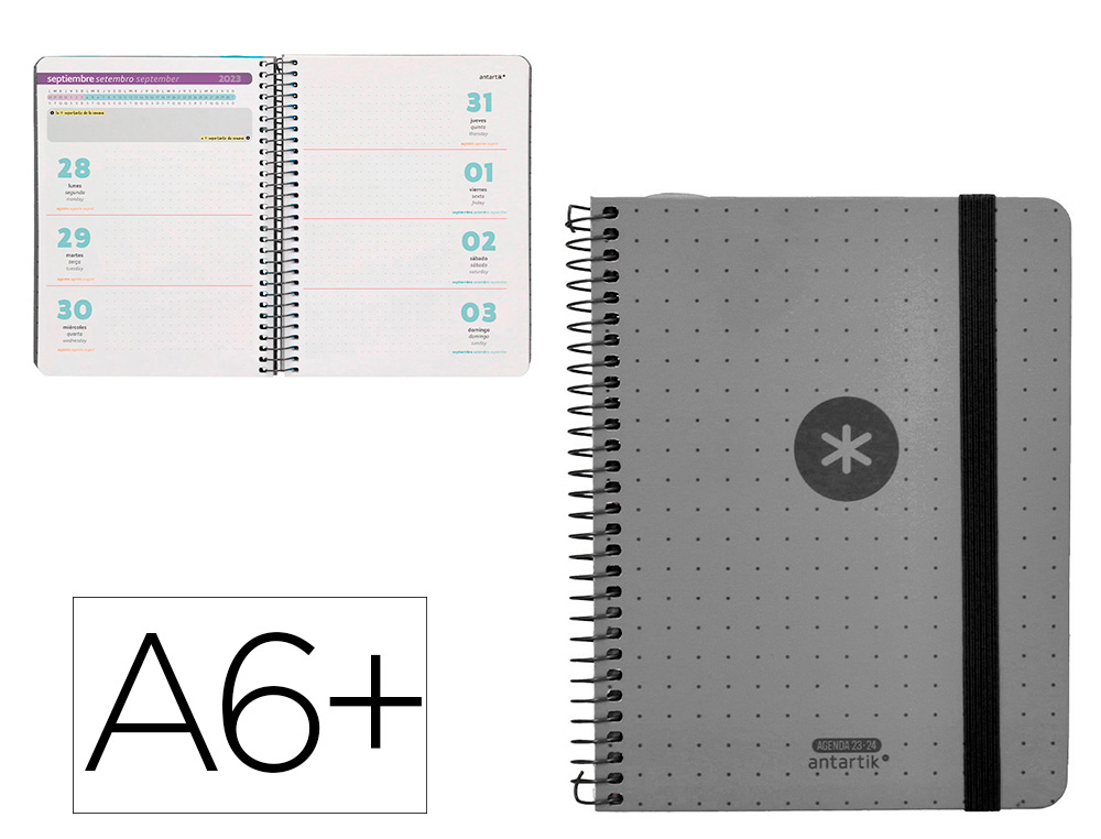AGENDA ESCOLAR ANTARTIK CURSO 23-24 SEMANA VISTA A6+ PAPEL 100GR 156 PAGINAS SOBRE MARCAPAGINAS Y PEGATINAS GRIS