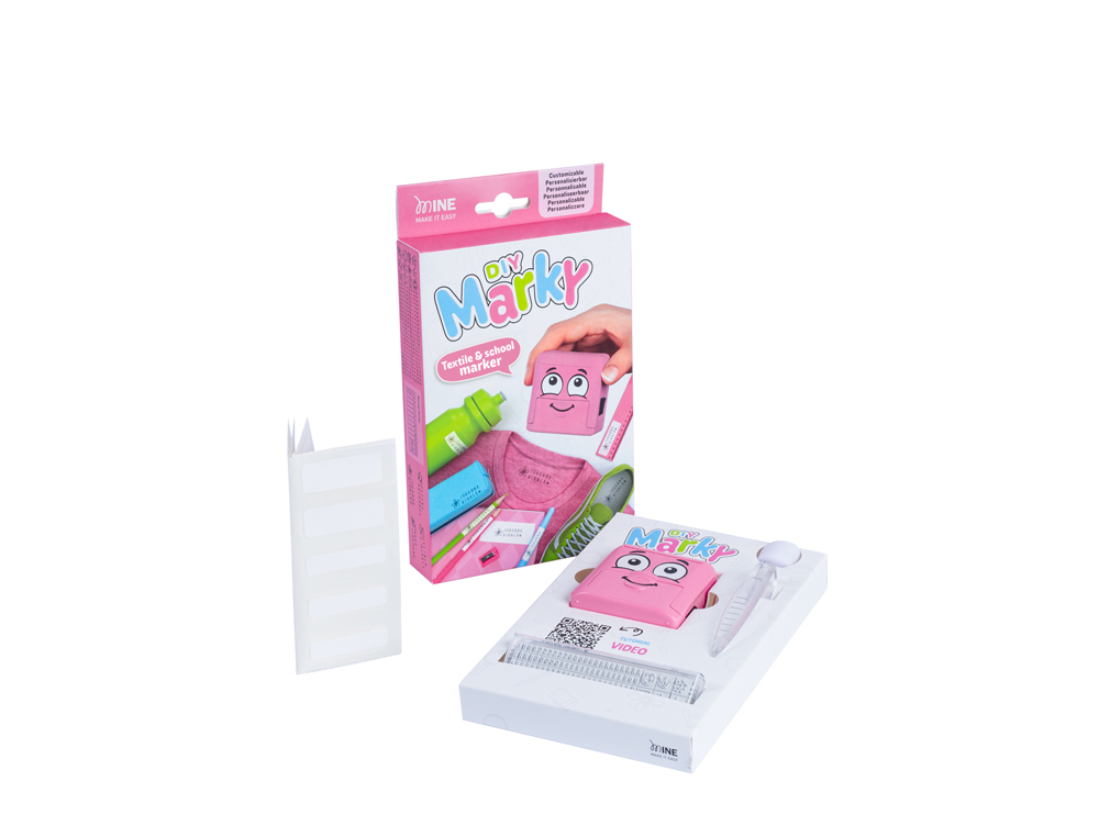 SELLO MARCADOR DE ROPA MARKY INFANTIL ROSA INCLUYE TINTA KIT DE ETIQUETAS Y CINTA TERMOADHESIVA