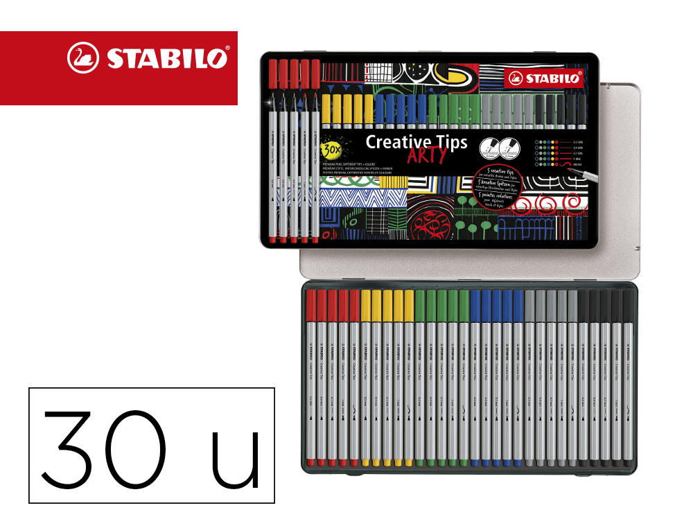 ROTULADOR STABILO CREATIVE PUNTA CALIBRADA TIPS ARTY LINECLASSIC 5 PUNTAS POR COLOR ESTUCHE METALICO DE 30