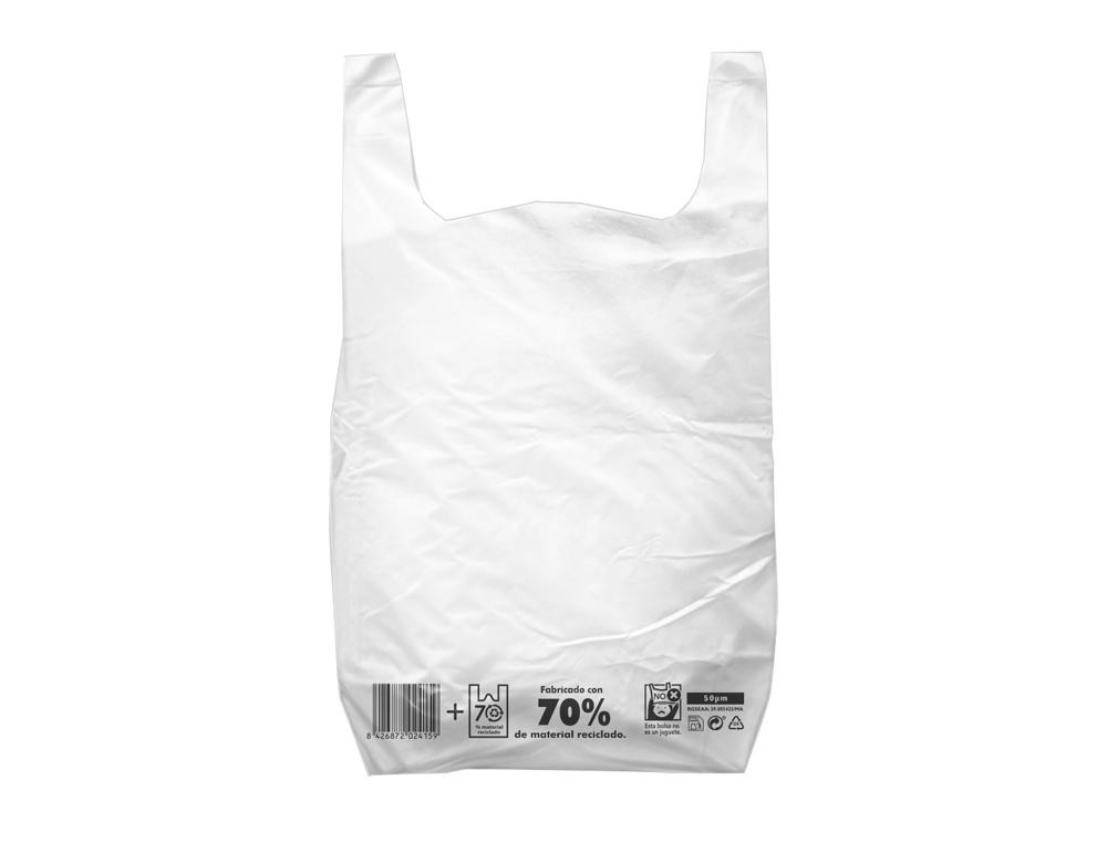 BOLSA CAMISETA RECICLADA 70% BLANCA 42X53 CM REUTILIZABLE 1 KG PAQUETE DE 55 UNIDADES