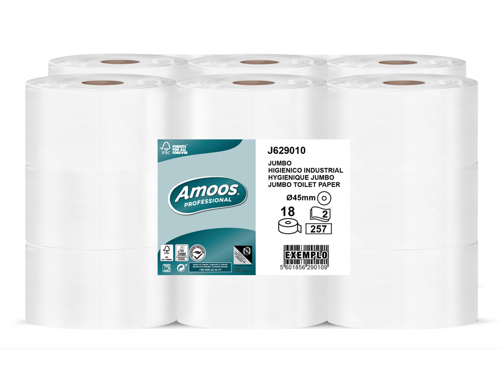 PAPEL HIGIENICO AMOOS JUMBO INDUSTRIAL 2 CAPAS 30G/M2 PAQUETE DE 18 ROLLOS