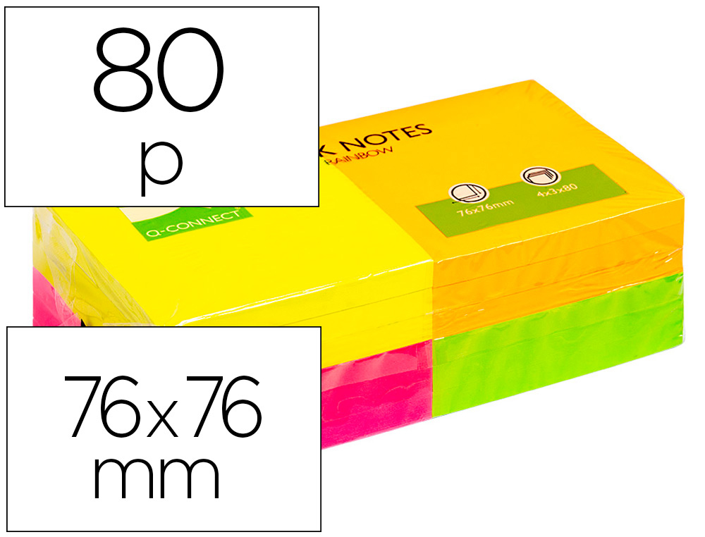 BLOC DE NOTAS ADHESIVAS QUITA Y PON Q-CONNECT 76X76 MM CON 80 HOJAS FLUORESCENTES PACK DE 12 SURTIDAS EN 4 COLORES