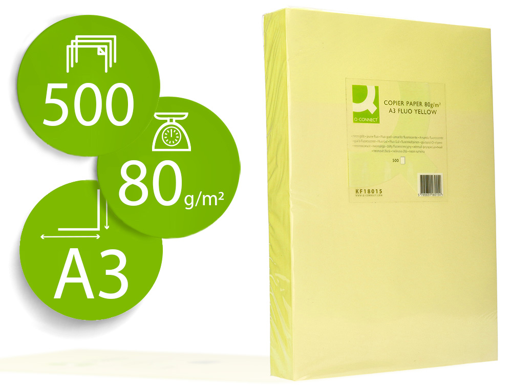 PAPEL COLOR Q-CONNECT DIN A3 80GR AMARILLO NEON PAQUETE DE 500 HOJAS